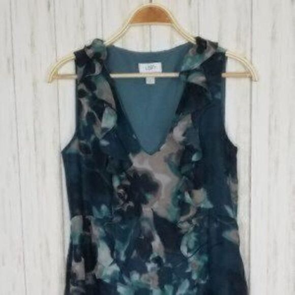 LOFT Teal Ruffled Sleeveless Printed Shift Dress - Picture 3 of 5